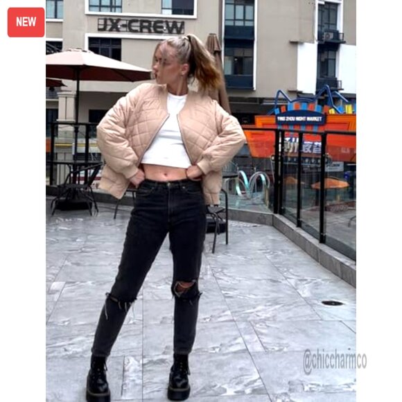 Quilted Lightweight Bomber Jacket Casual Zip Up Spring Fall Outerwear with - Picture 2 of 7